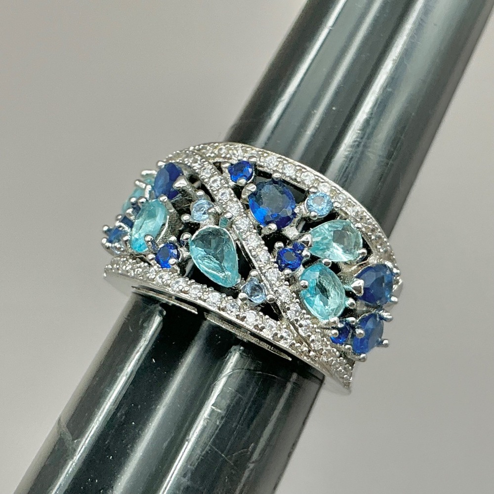 Ring Womens Silver Tone Blue Aqua Cluster Multi‎ Stone Band Statement Size 6.25